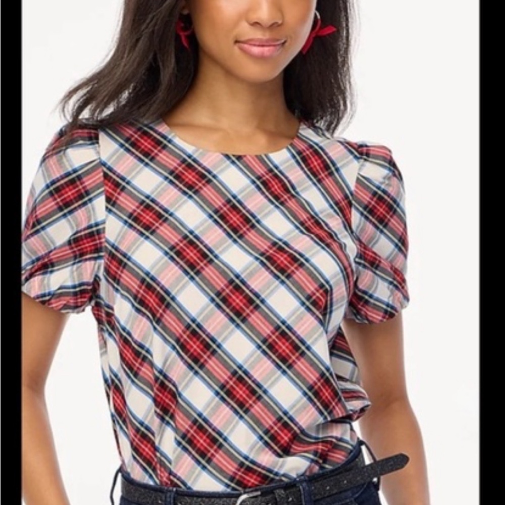 J Crew Tartan Puff Sleeve Blouse Top Medium M Preppy Holidays Classic